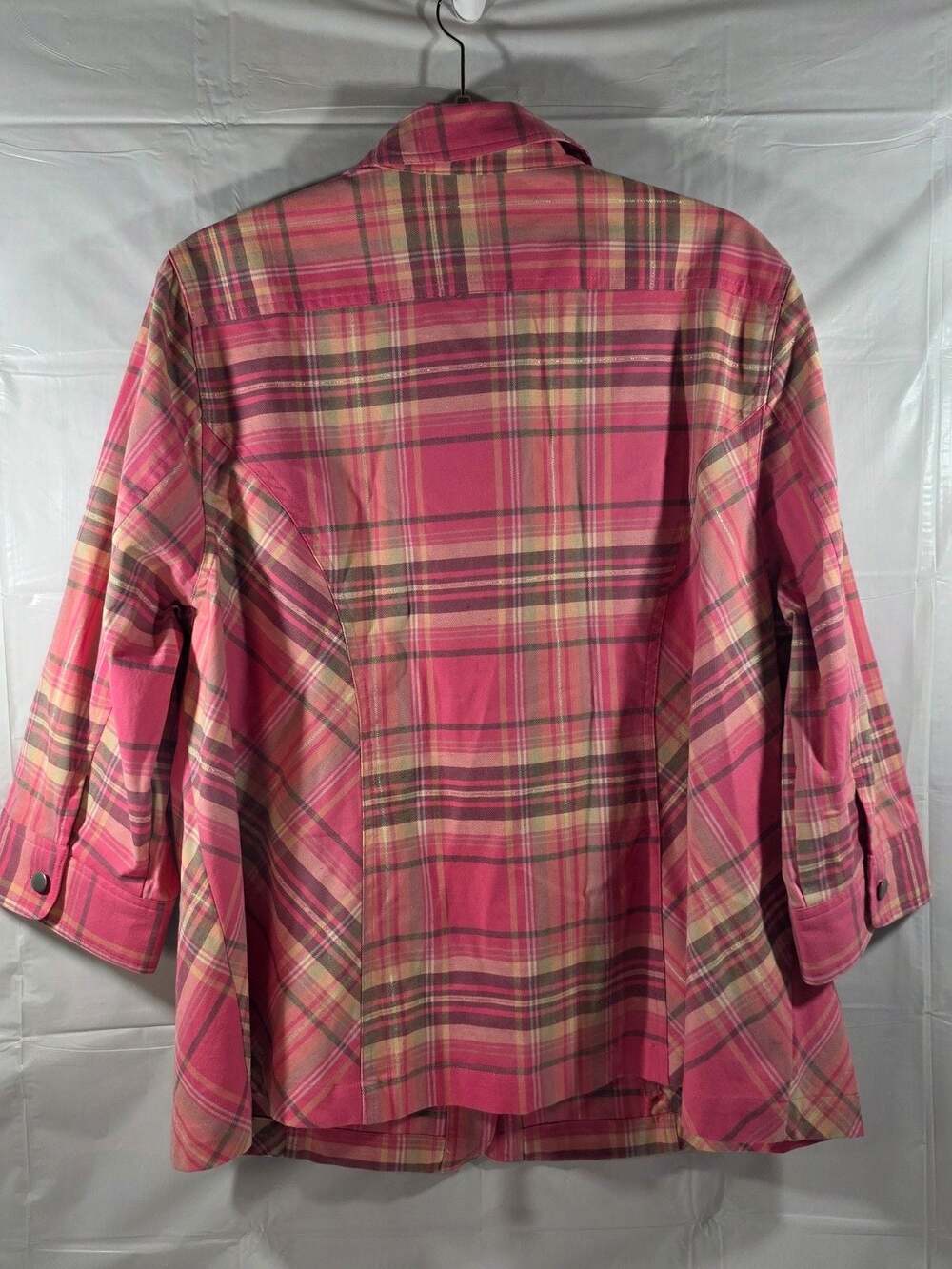 CJ Banks Women’s Plaid Button Front Shirt Jacket 1X Pink Stretch Long Sleeve Poc - Picture 4 of 10